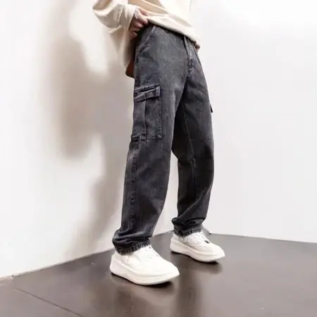 Foto produk Cargo Jeans Panjang Pria Reguler Standar Loose Cargo Gombrong Jeans Pria Celana Korea Hitam, kategori Jeans Panjang Rominsy Jeans