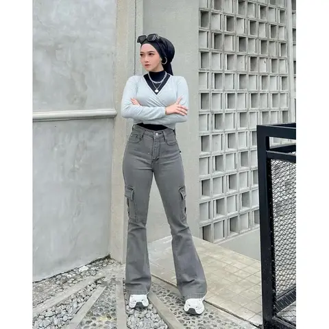 Celana Cargo Jeans Cutbray Wanita Highwaist Stretch Celana Jeans Cewek Cutbray High Waist foto 3