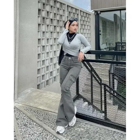 Celana Cargo Jeans Cutbray Wanita Highwaist Stretch Celana Jeans Cewek Cutbray High Waist foto 4
