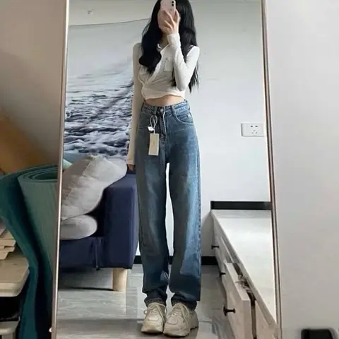 Foto produk Lulu jeans Celana Jeans High Waist Wanita Korean Style Jeans Baggy Pants Serbaguna Kasual Biru Retro 27-34, kategori Jeans Panjang Rominsy Jeans